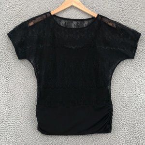 White House Black Market Top Womens Small Black Camisole Sheer Lace Layer Ruched